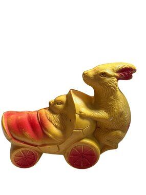 Antique Rubber Rabbit Pushing Baby Chicken Chick Carriage Squeaky Toy Vintage